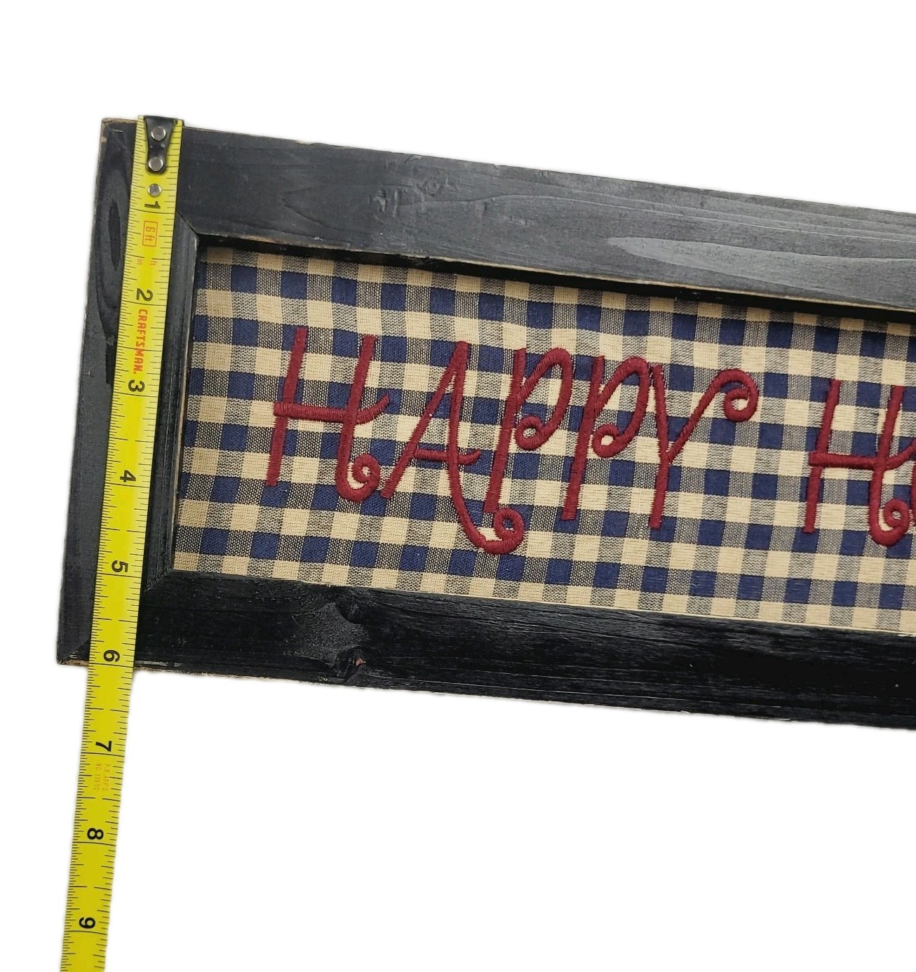 Primitive Rustic Farmhouse Happy Holidays Embroidered Black Wooden Gingham Sign