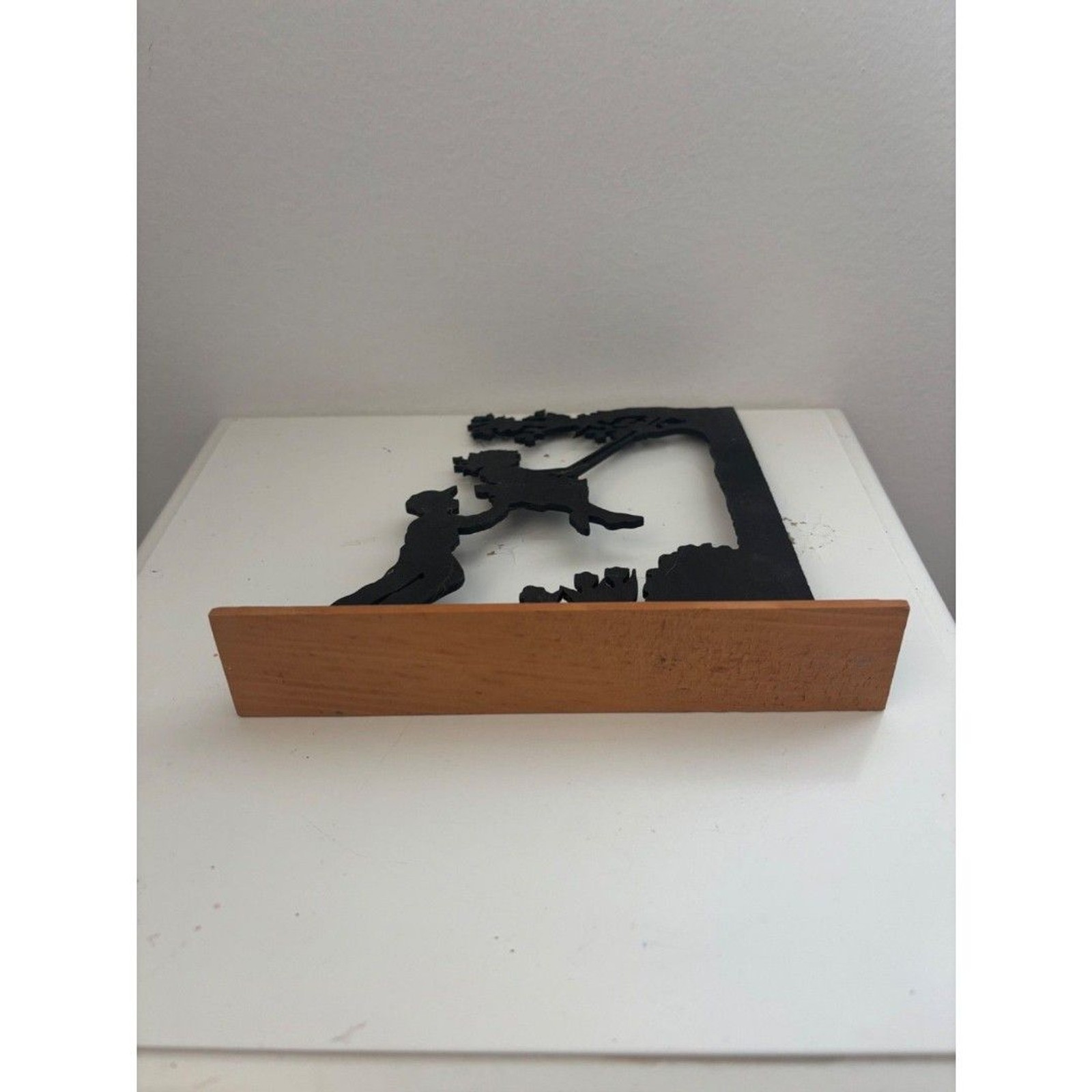 Vintage Silhouette Metal Art – Children on Swing – Black Cutout on Wood Base