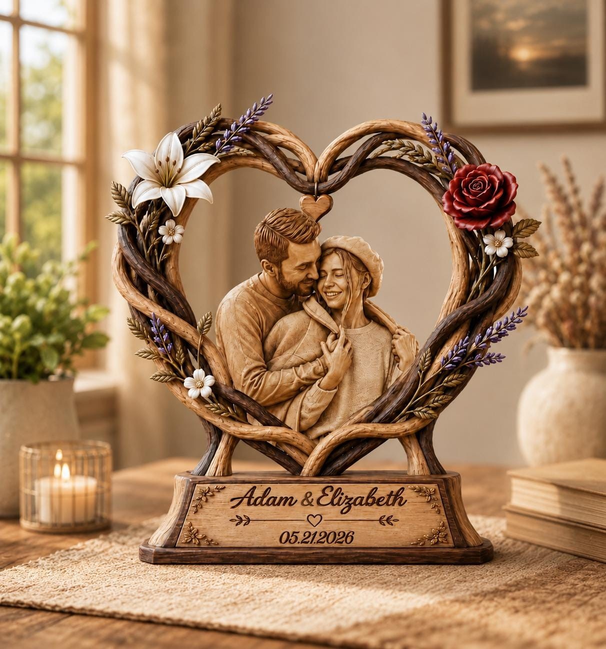 Personalized Couple Photo Heart Wooden Block, Floral Heart Wedding Decor