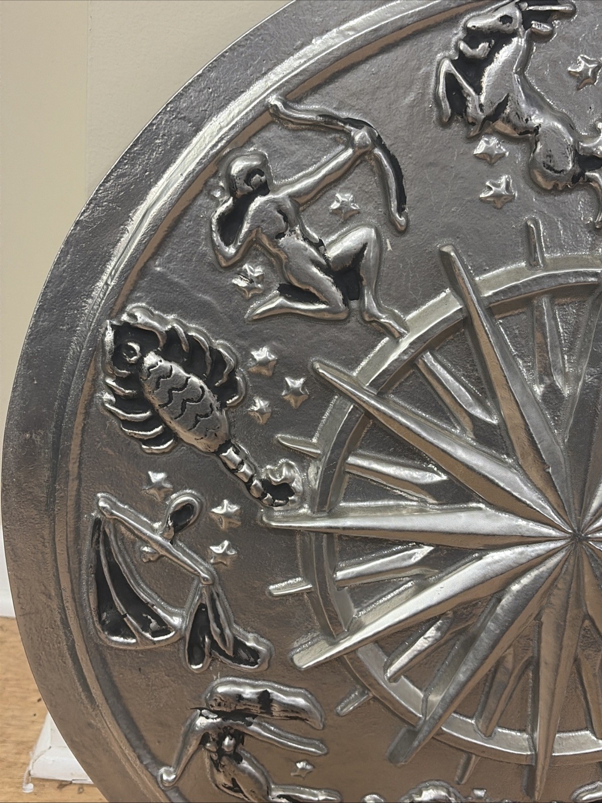 Rare Zodiac, Sun, Starburst astrology Metal Wall Plaque 3D Silver Color 23.5” D