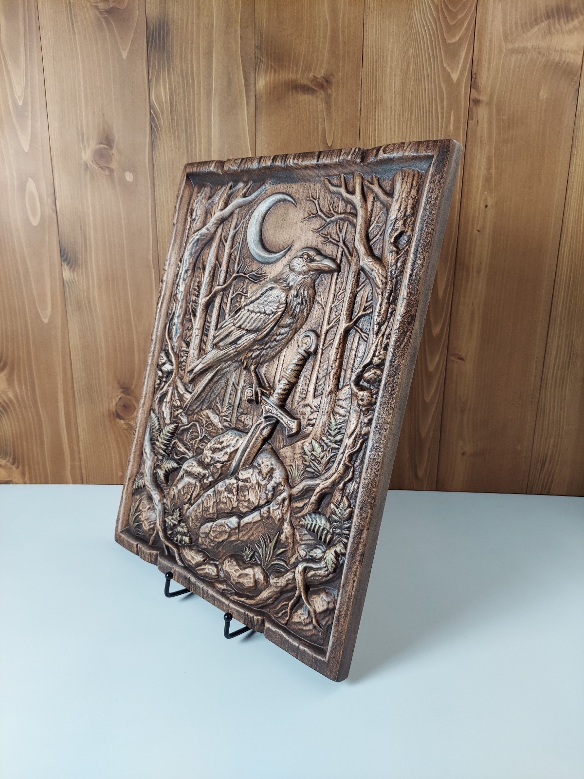Raven Wood Wall Art, 3D Relief Carving, Moon Forest Handmade Maple Decor