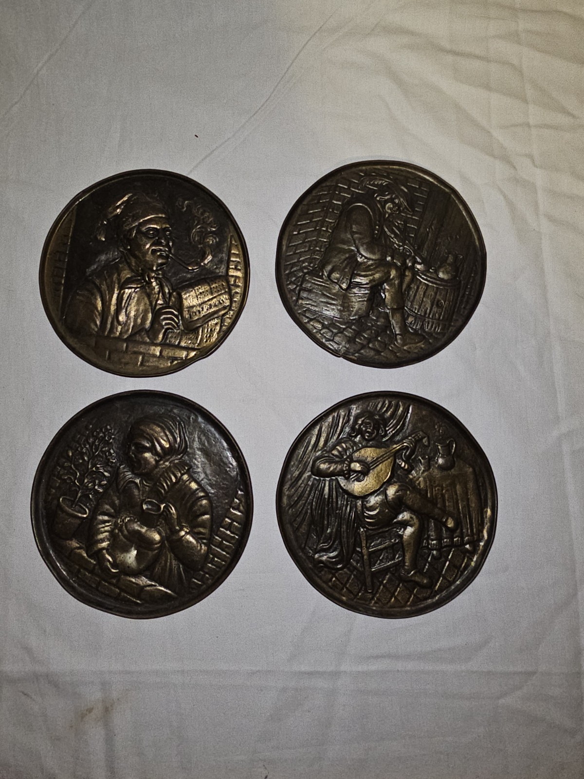Set of 4 Vintage Belgian Bronze Wall Plaques Folk Art Musicians Tavern 5.5″