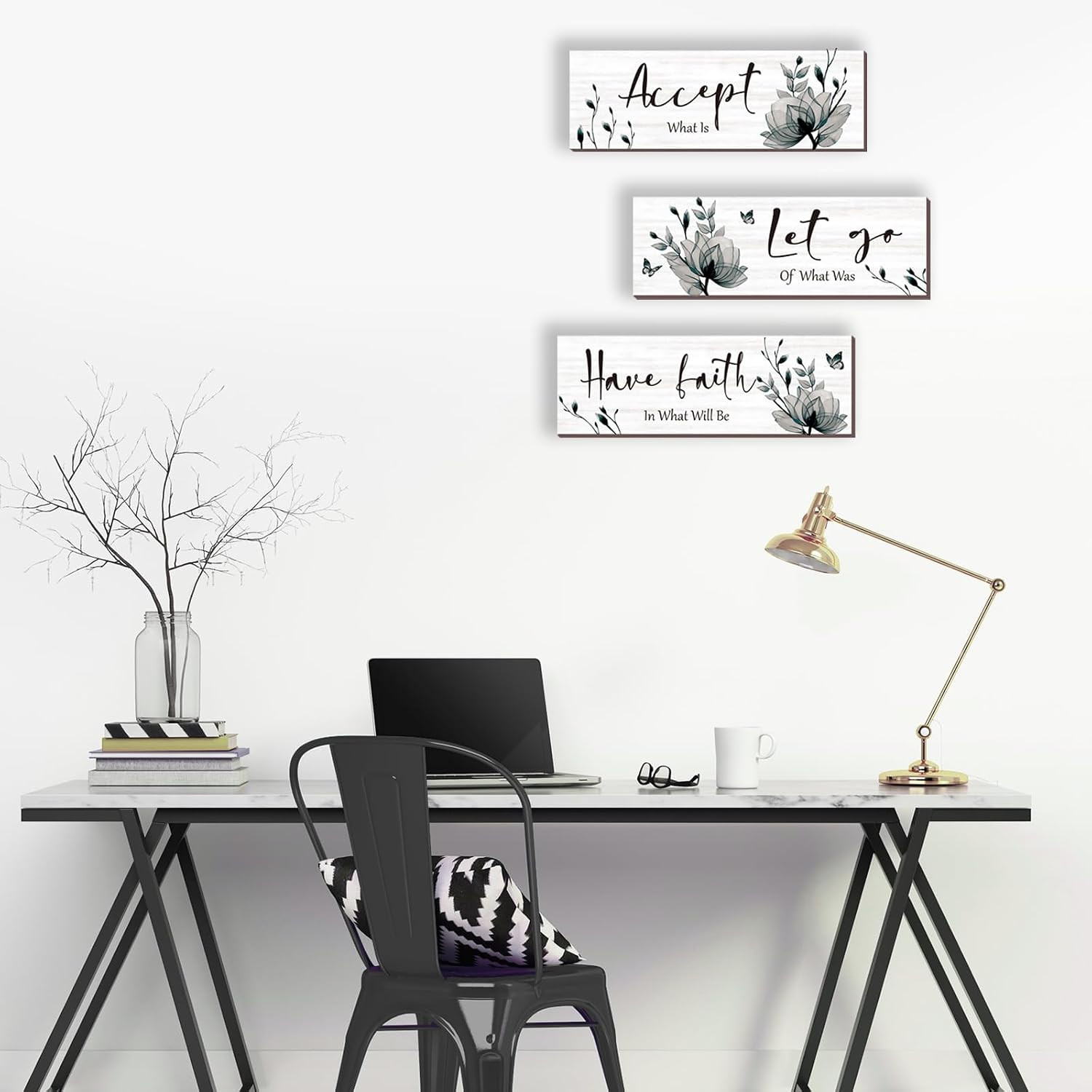 3 Pcs Black And White Bathroom Decor Rustic Flower Black Wall Art Accept Let Go