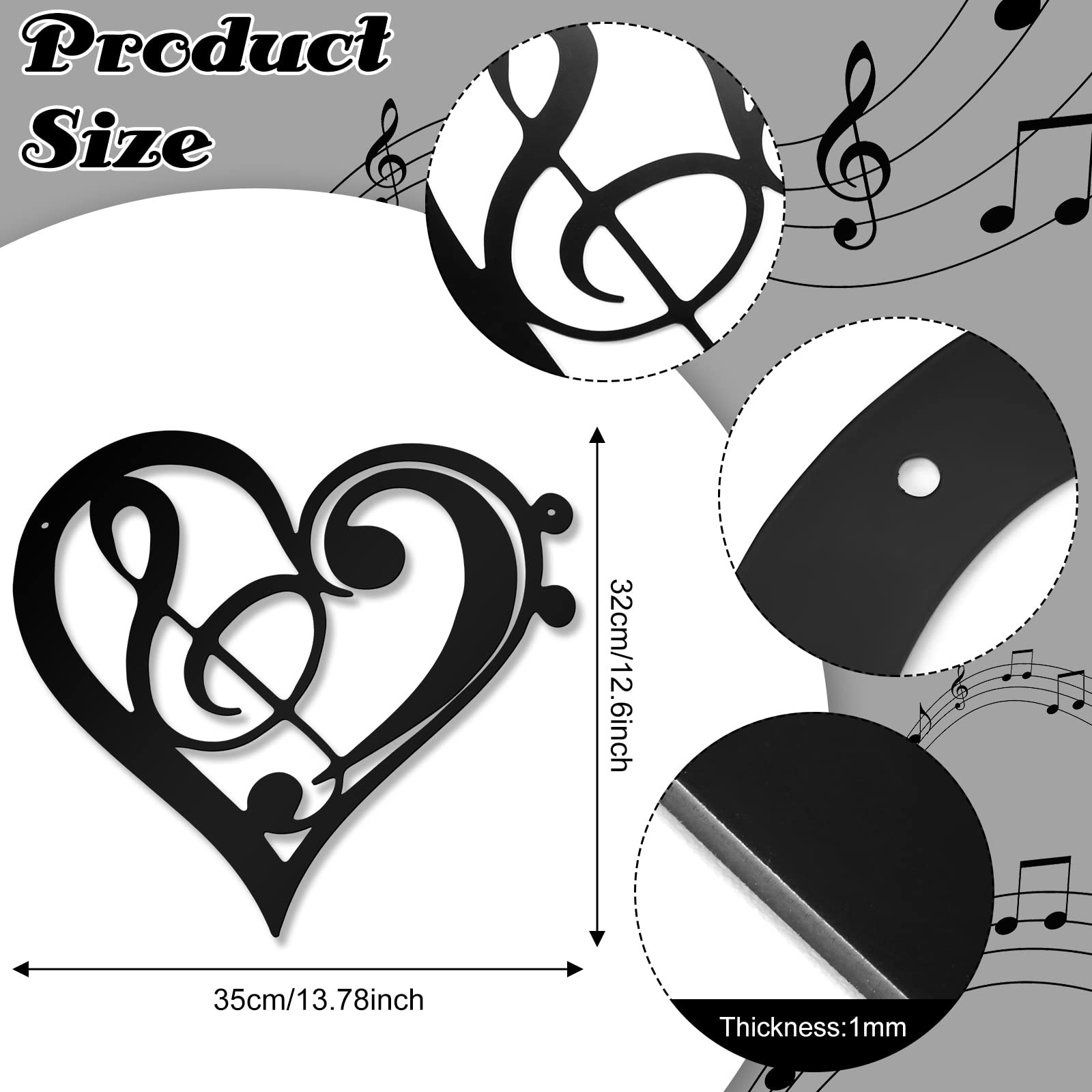 Zhengmy Heart Metal Music Wall Decor Musical Notes 11.4″L x 10.6″W, black