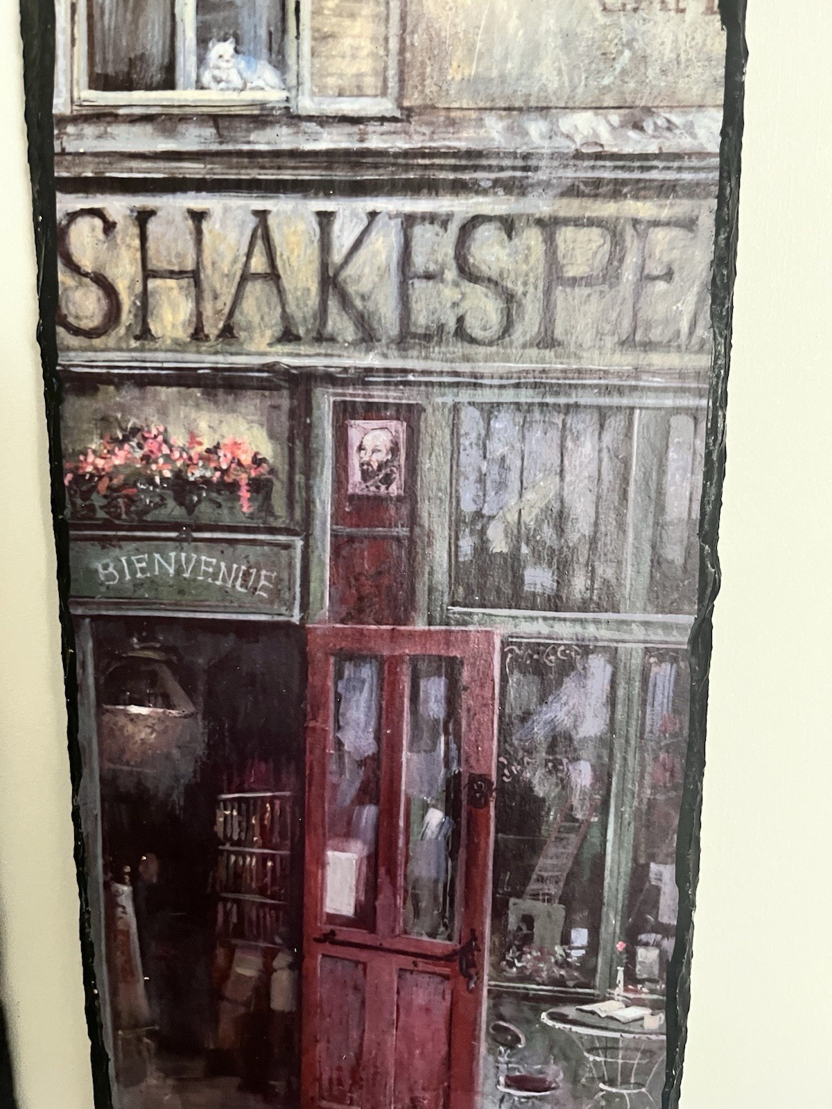 Set of 2 Hanging Slate Wall Plaques French Paris Café & Bookstore Street Scene