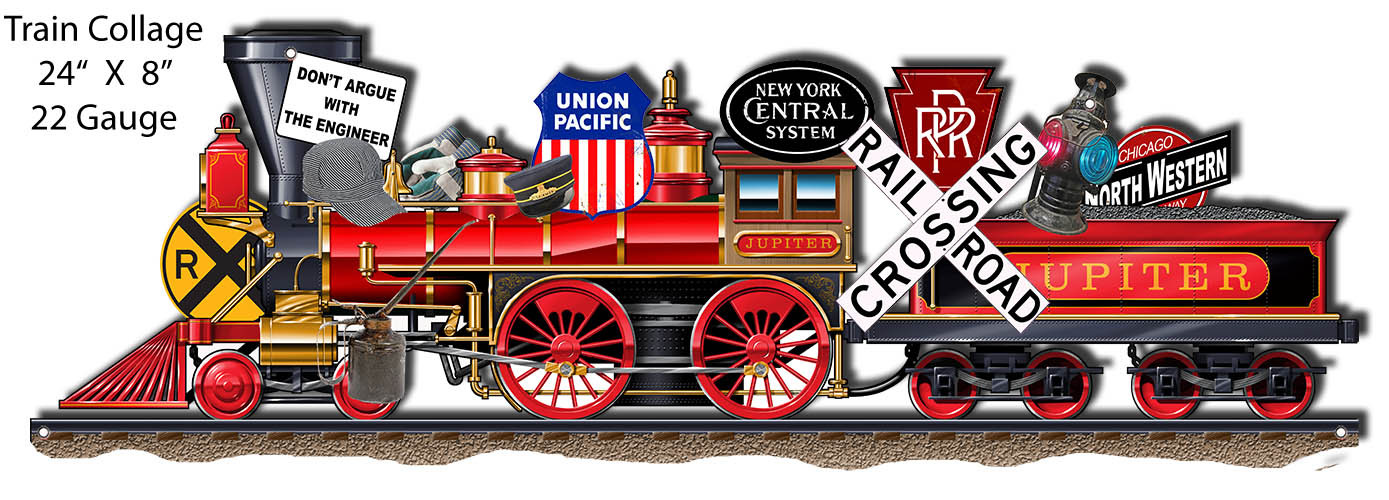 Railroad Train Sign Party Decoration – Collage Trains 24 in. by 8 in. w/ stands