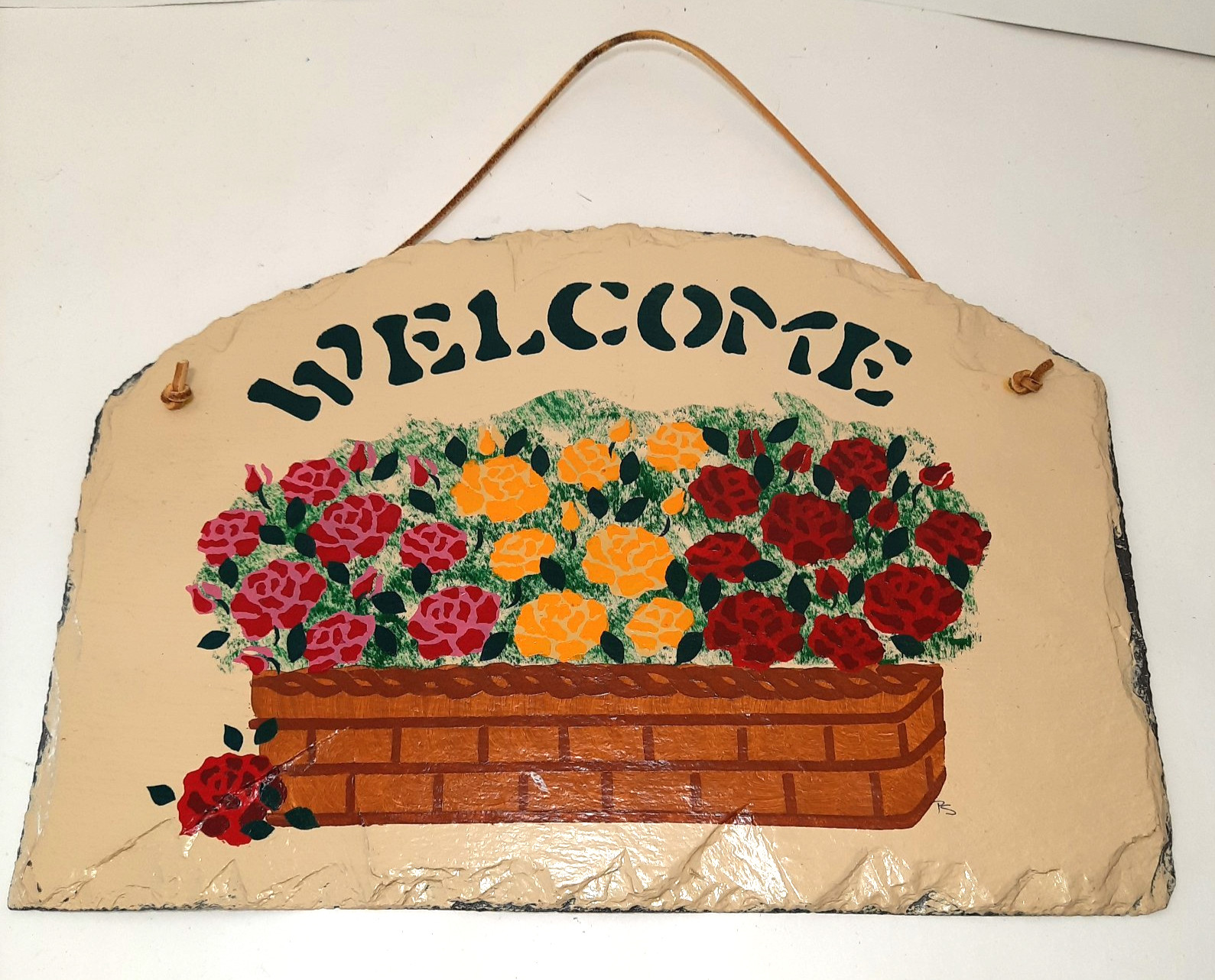 Slate Hand Painted Welcome Sign w/Pink, Yellow & Red Flowers, 13″L x 9.5″ H