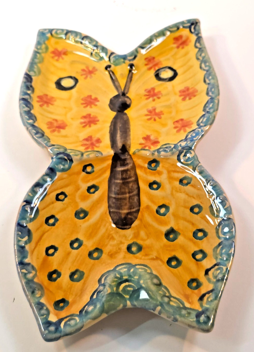 MCM Italian Ceramic Butterfly Wall Art Hand Painted Yellow Blue 9″ Decor