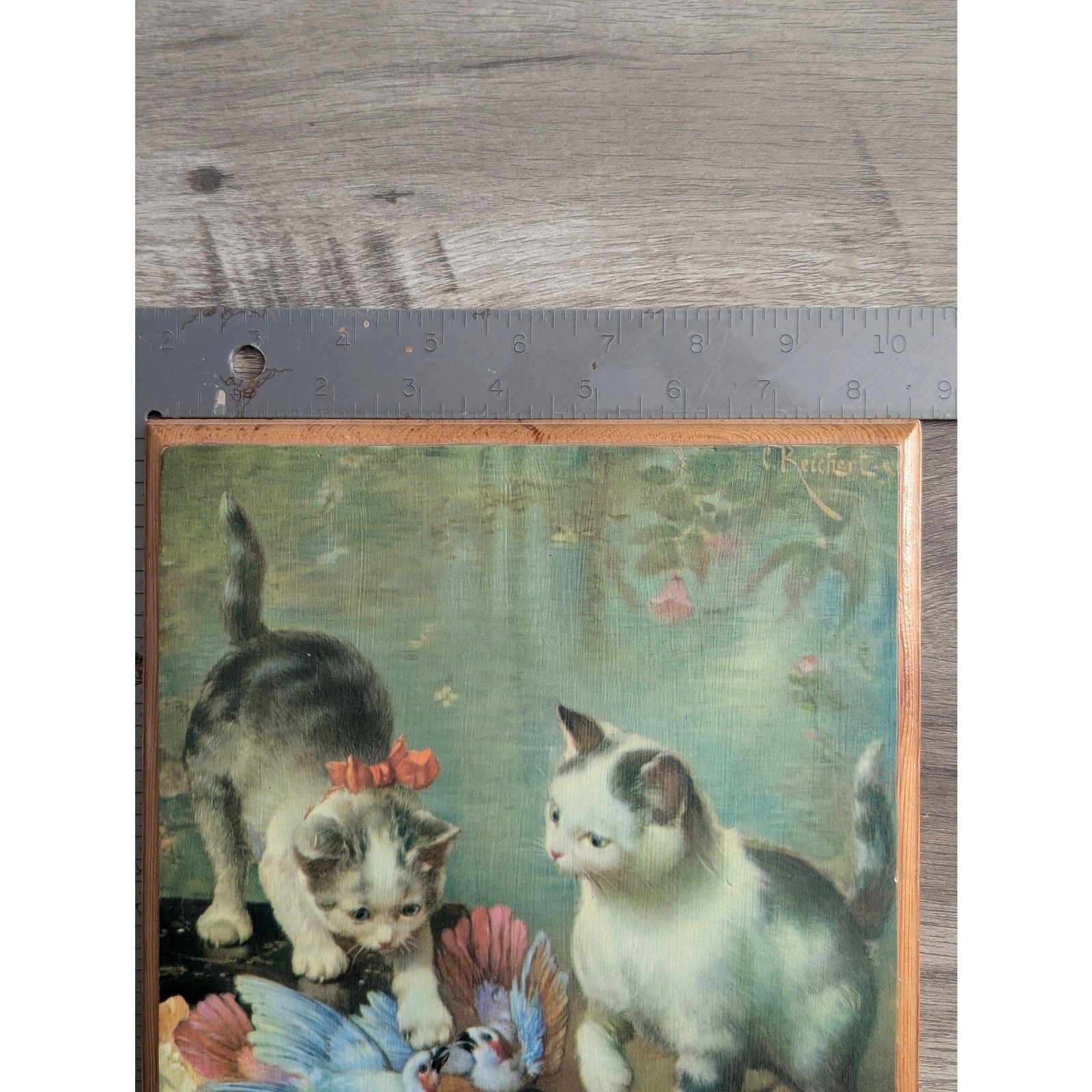 Vintage C Reichert Kittens and Birds Wood Plaque Wall Art 1976 Decoupage