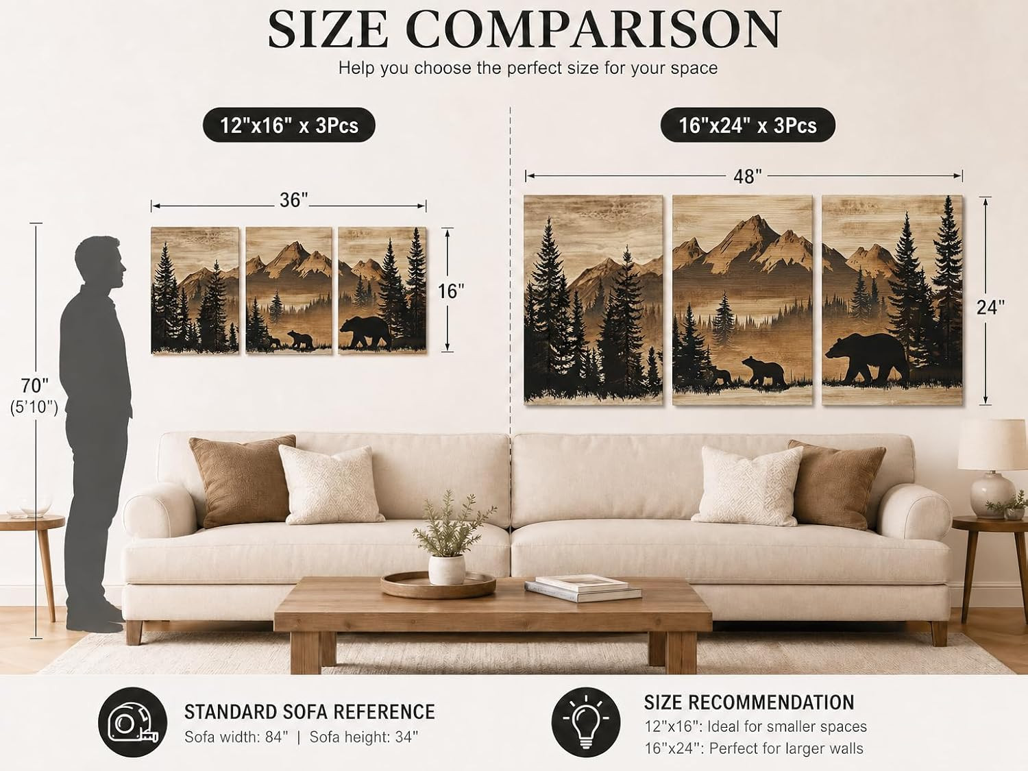 Rustic Bear Wall Art Set – Vintage Cabin Decor Canvas Prints 16″x24″ 3Pcs