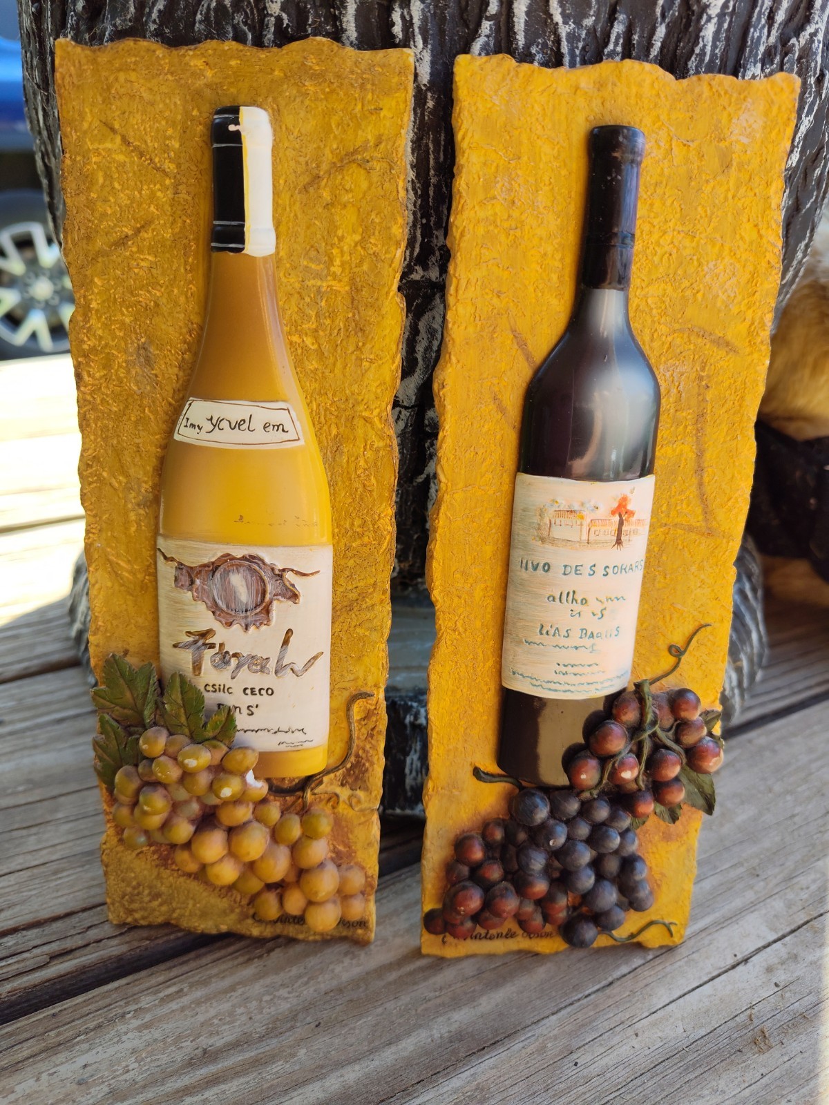 Set of 2 Winterle Olson 3D WALL ART PLAQUES Wine Bottle & Grapes Hanging