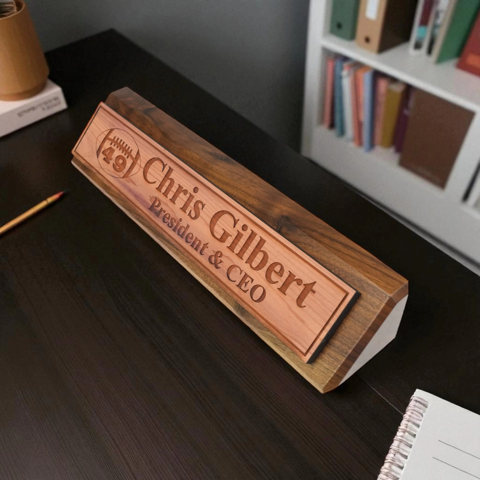 Desk Wedge Name Plate – PERSONALIZED – Football – WITH YOUR NUMBER – 11 Inches