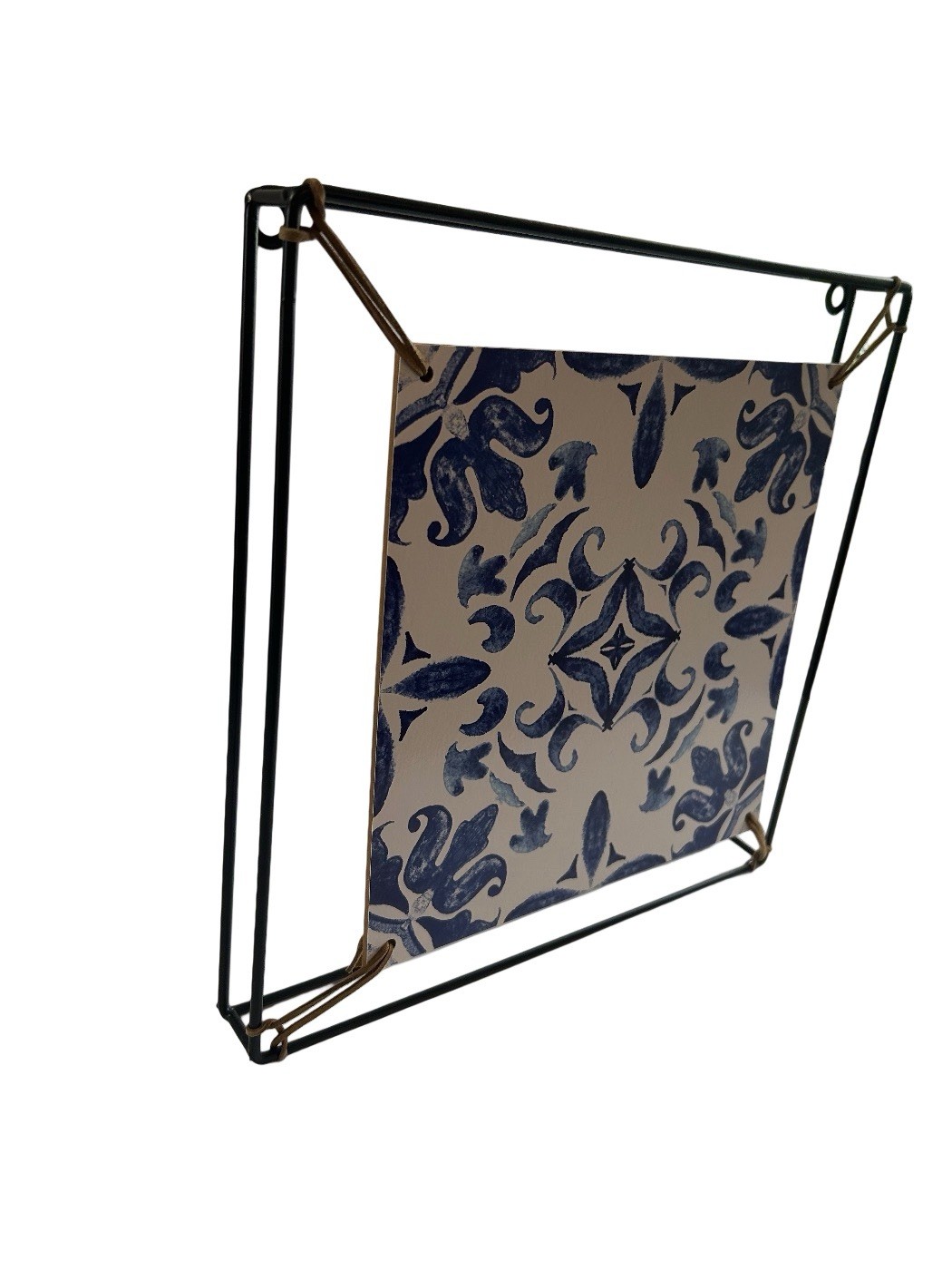Blue White Tile Pattern Wall Art Ceramic Look Print Modern Black Metal Frame 11”