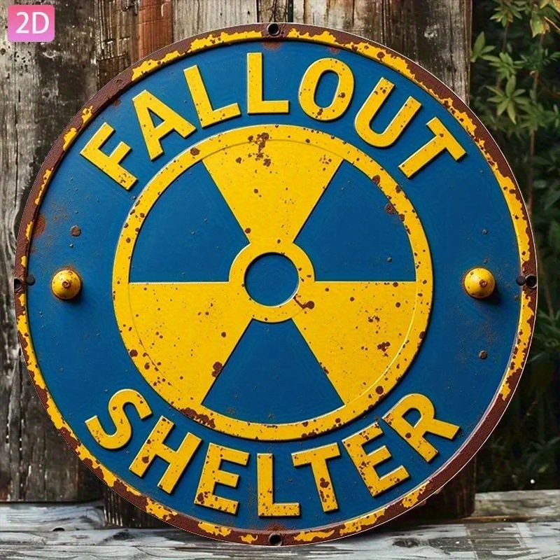 Fallout Shelter Metal Sign Round Distressed Nuclear Symbol Man Cave Wall Art
