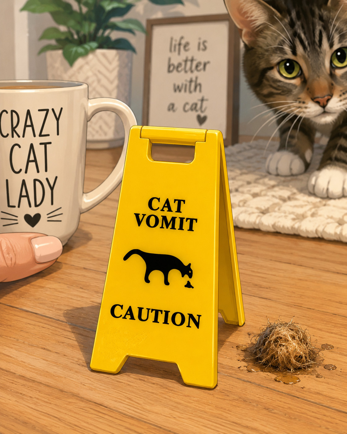 2-Pack Cat Vomit Caution Signs 5in Mini Tabletop Funny Gag Gift Pet Decor