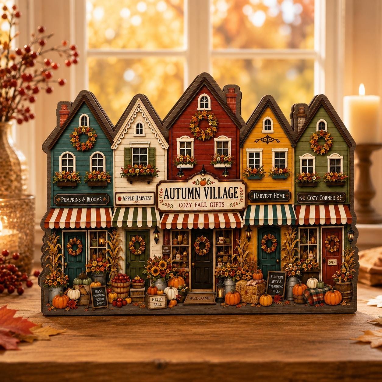 Autumn Village Wooden Block Fall House Shelf Decor