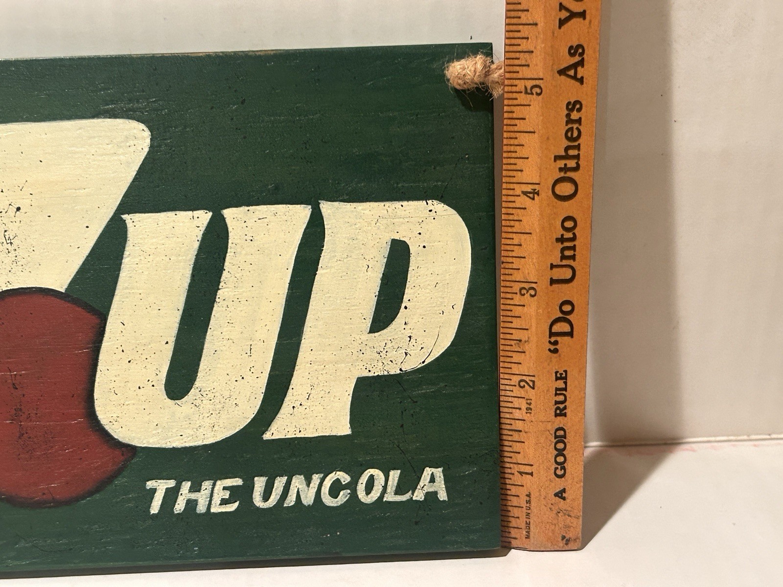 Vintage Wooden 7up – rope hanger – “the uncola” sign – 7.5” x 5.5 “ x 1.0”