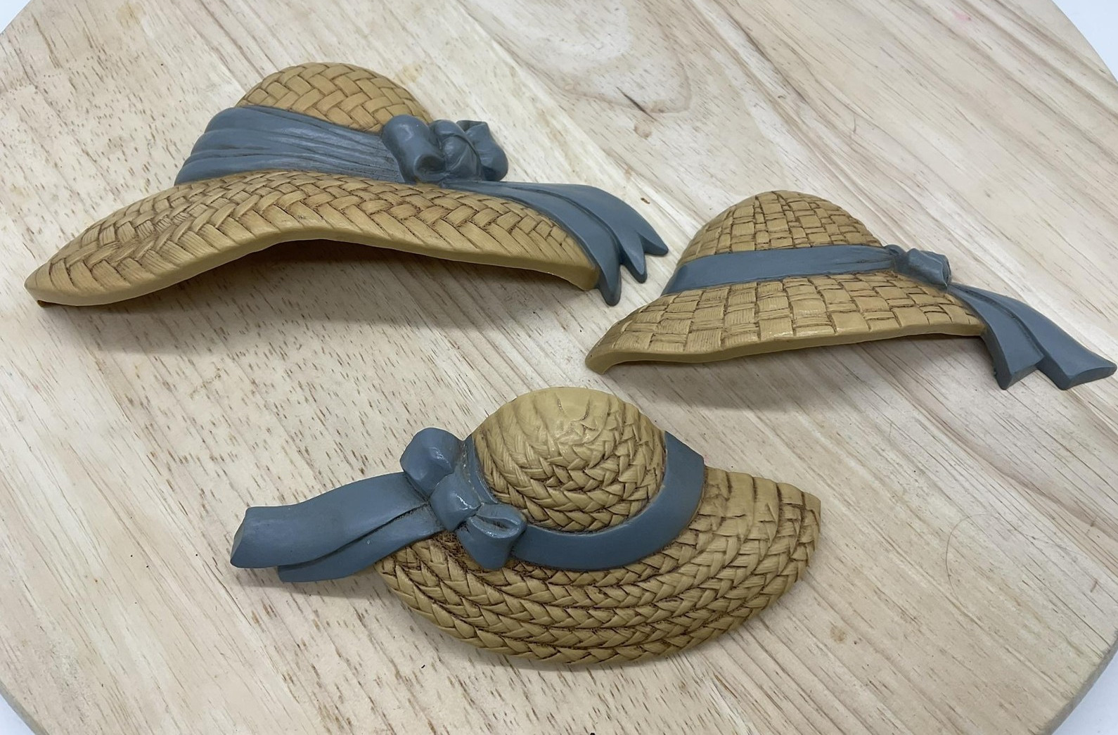 Vintage Burwood Straw Hat Wall Plaques Set Of 3 Brown Plastic Country Decor