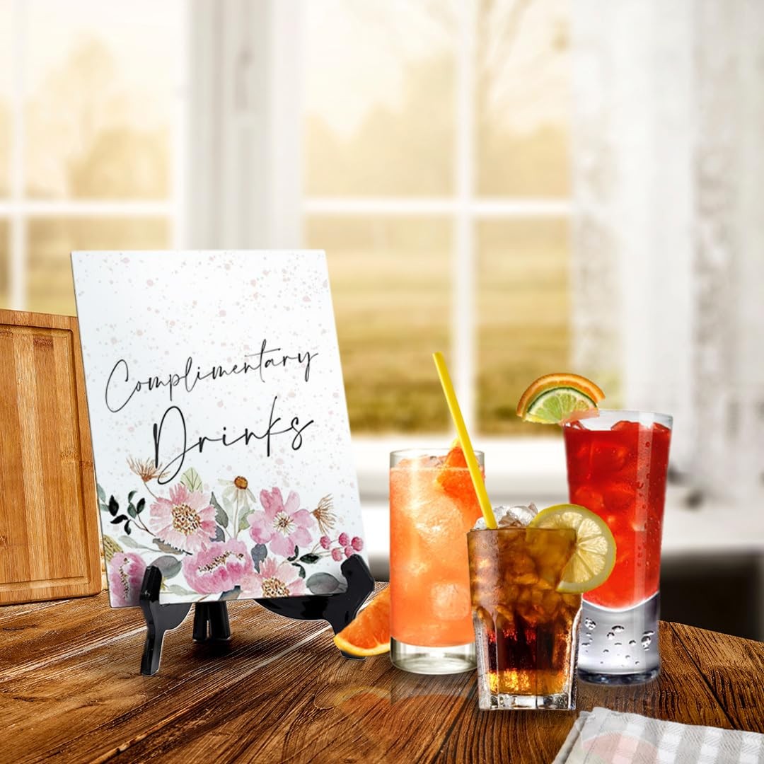 Complimentary Drinks Table Sign with Easel, Floral Watercolor Design (6″ x 8″)