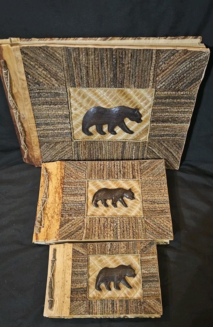 Handmade Rustic Black Bear Intarsia Wood Photo Album Birch Bark Lodge Cabin…