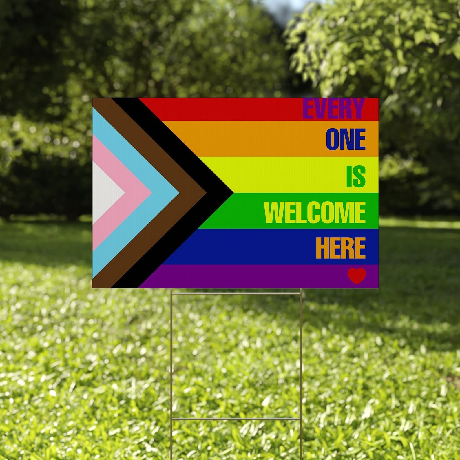 Every One Is Welcome Here Progress Pride Flag LGBT Supporters Yard Sign