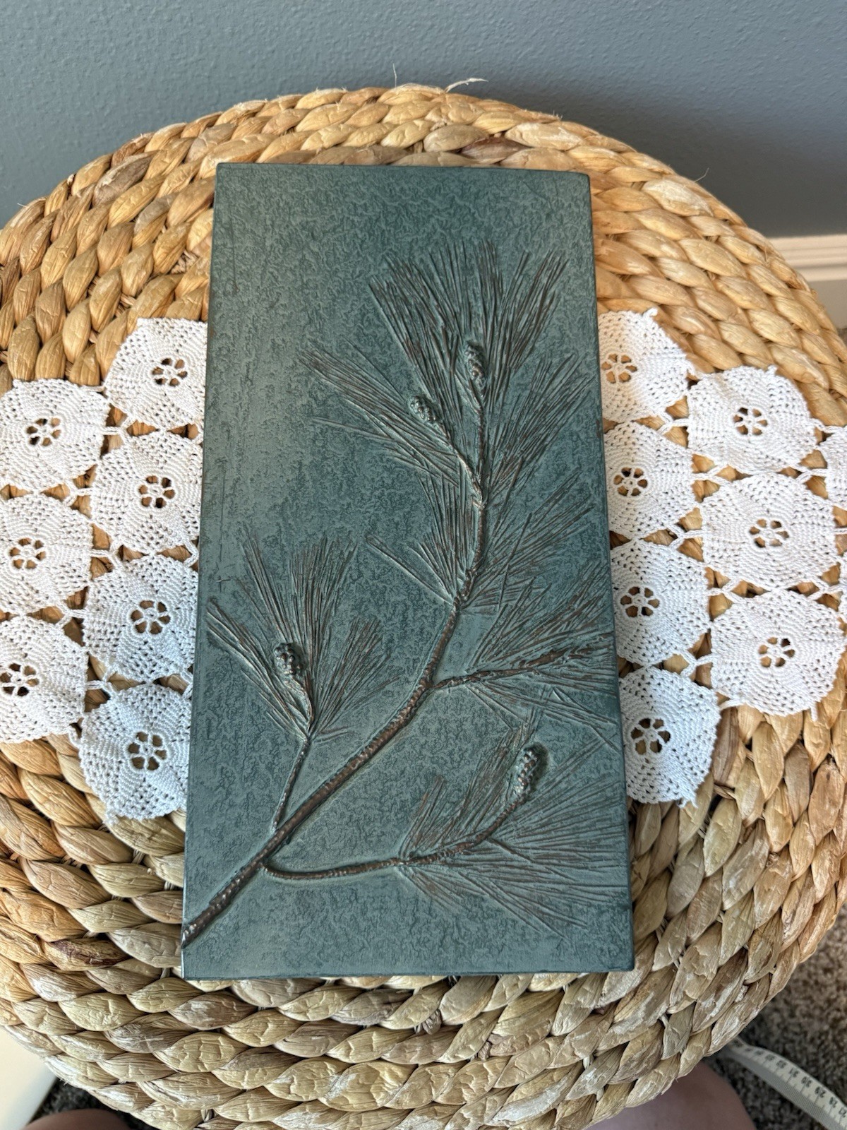 Deborah Childress Pine Cone Branch Relief Wall Art Verdigris Plaque 6×12
