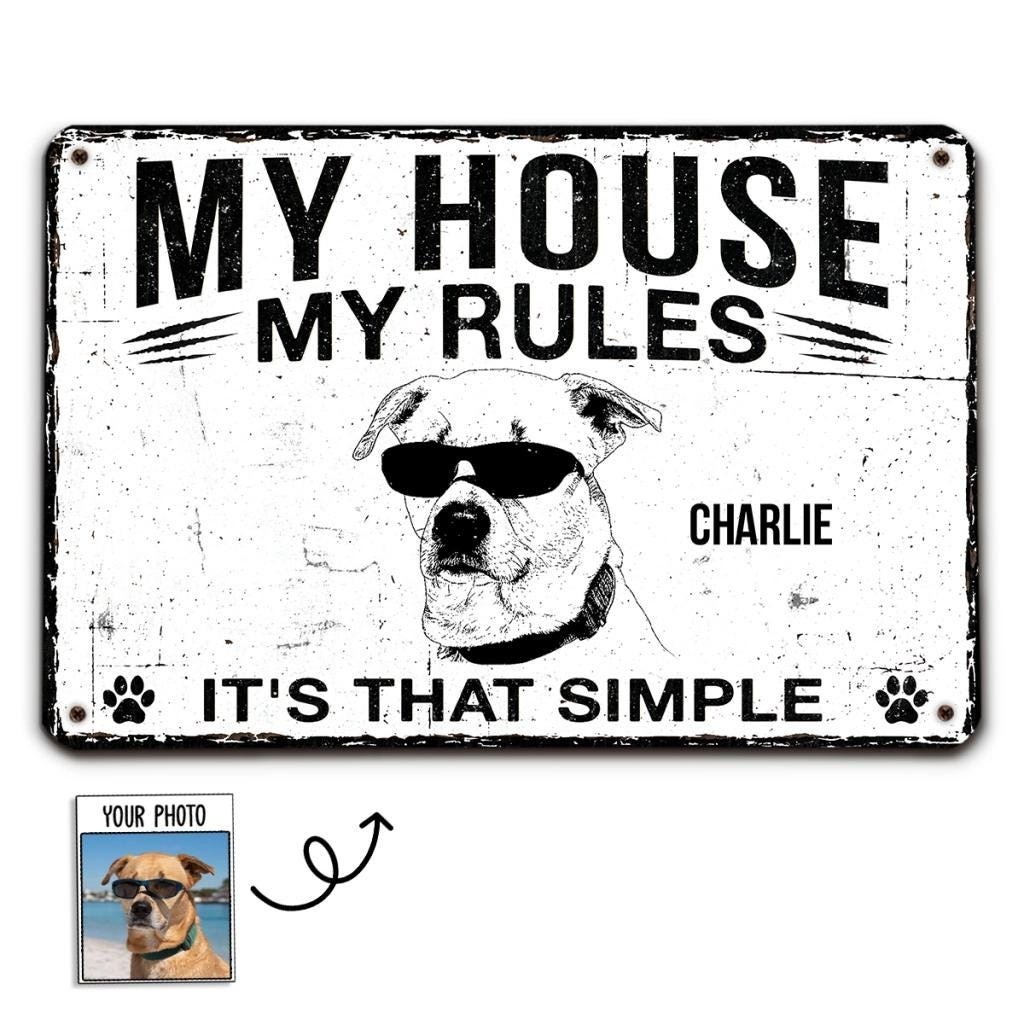 Custom Photo House Rules Metal Sign, Funny Dog Welcome Patio Decor Gift