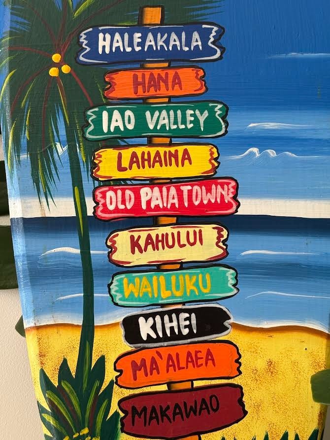 Hawaiian Hand Made 20″ Carved Wooden Surfboard Airbrush Beach Maui Sign Map