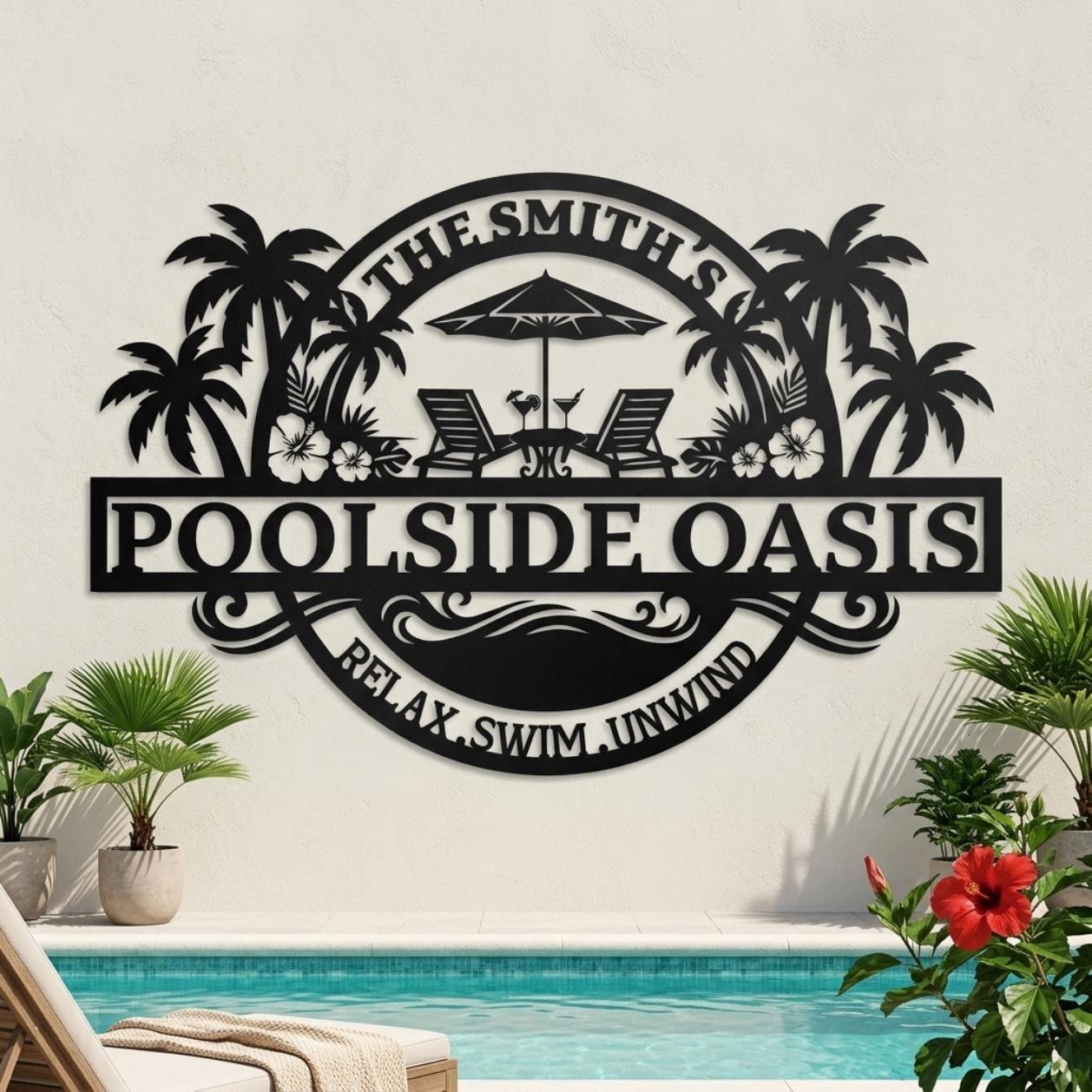 Custom Poolside Sign, Personalized Metal Pool Sign, Tropical Palm Patio Decor