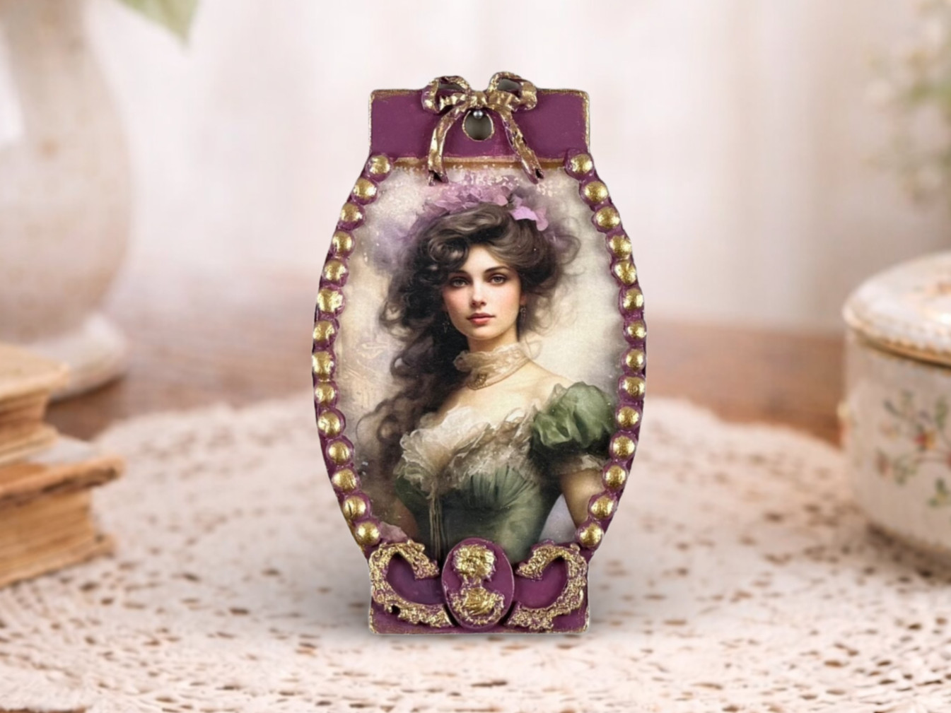 Victorian Lady Portrait Plaque, 5×7 Romantic Vintage Wall Decor, Shabby Chic Art