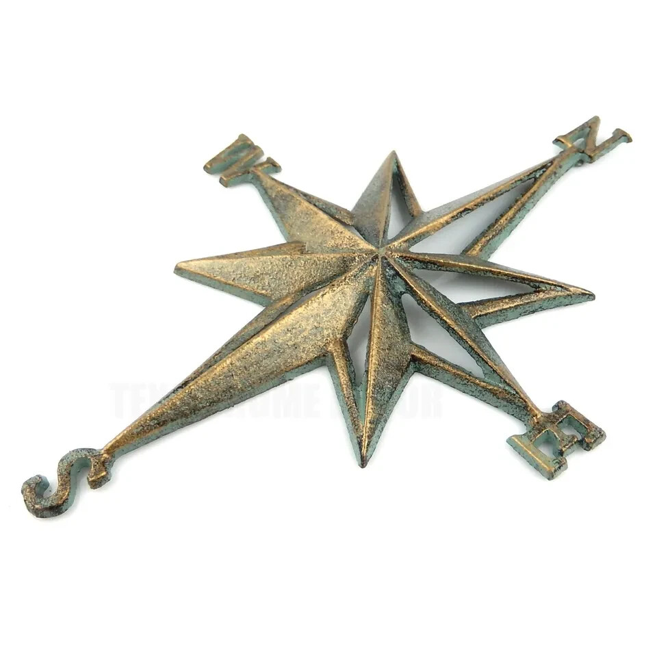 Metal Iron Nautical Rose Compass Star Directional Sailing Boat Wall Beach 14×10″