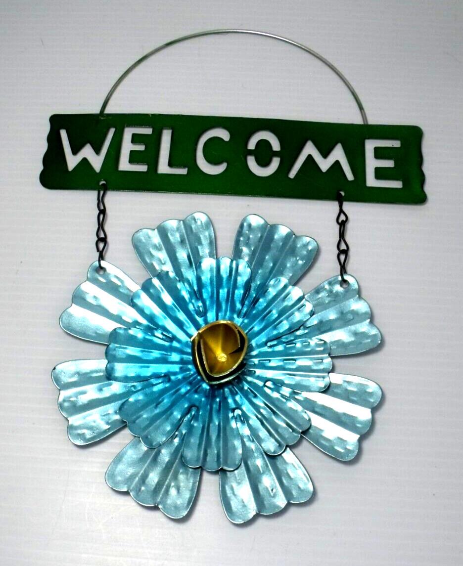 Hanging Metal Flower Floral Welcome Sign Decor Blue 10.5 in x 8 in