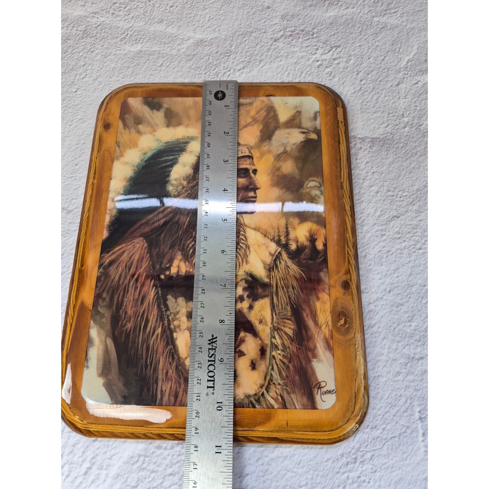 Vintage Ruane Native American Chief Wood Plaque Glossy Decoupage Wall Art 8×10.5