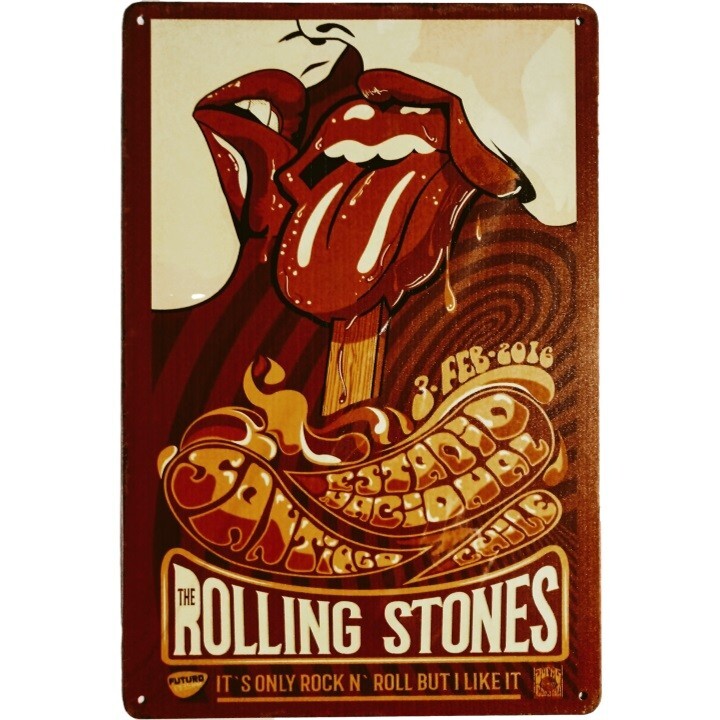 Vintage Rock & Roll Metal Sign Rolling Stones Concert Art Santiago Chile 12×8 in