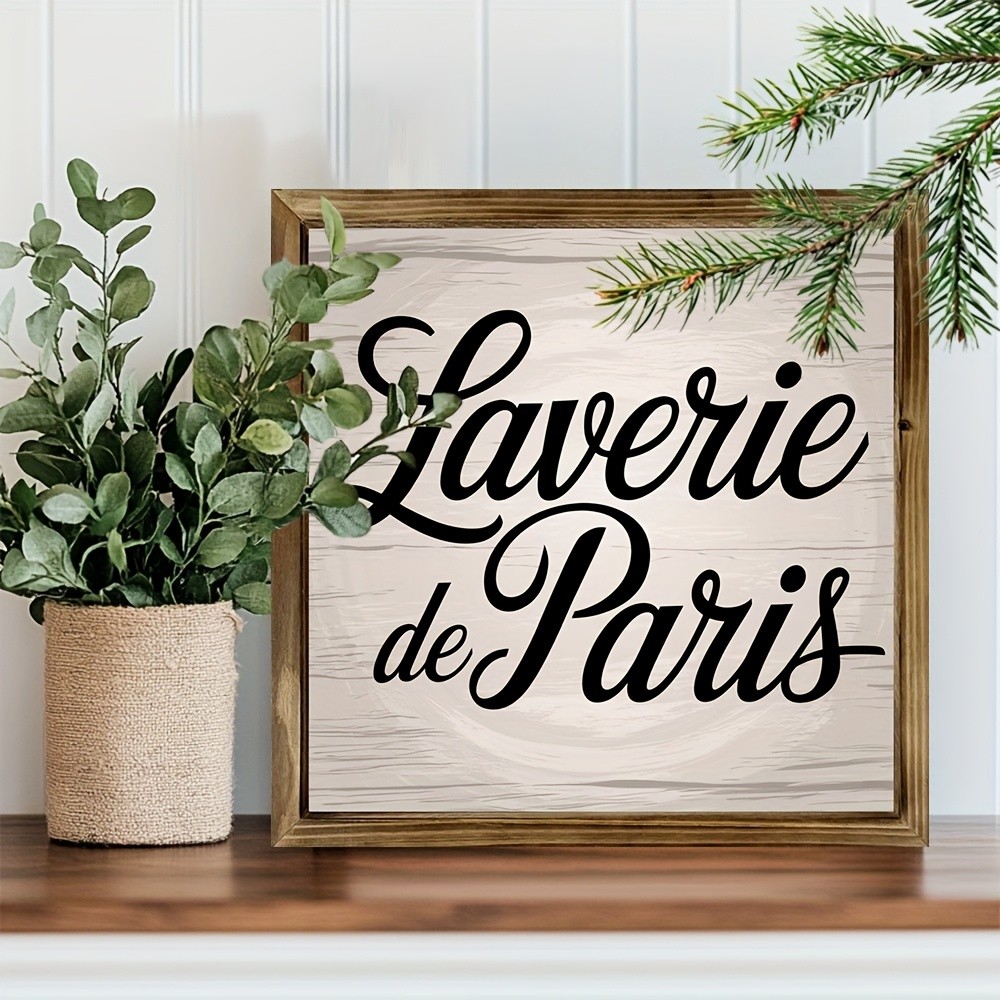 Farmhouse Style Paris Laundry Wood Framed Art Sign Vintage French Decor for Home