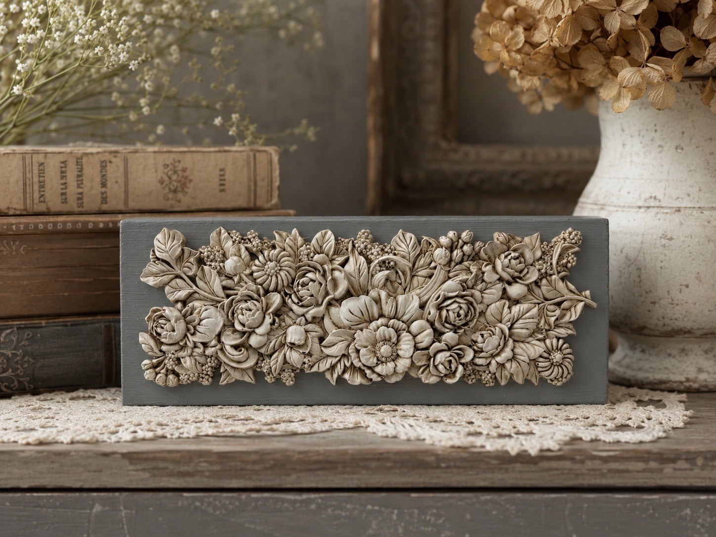 Handcrafted Vintage Floral Shelf Sitter Blue Gray Cottage French Country Decor