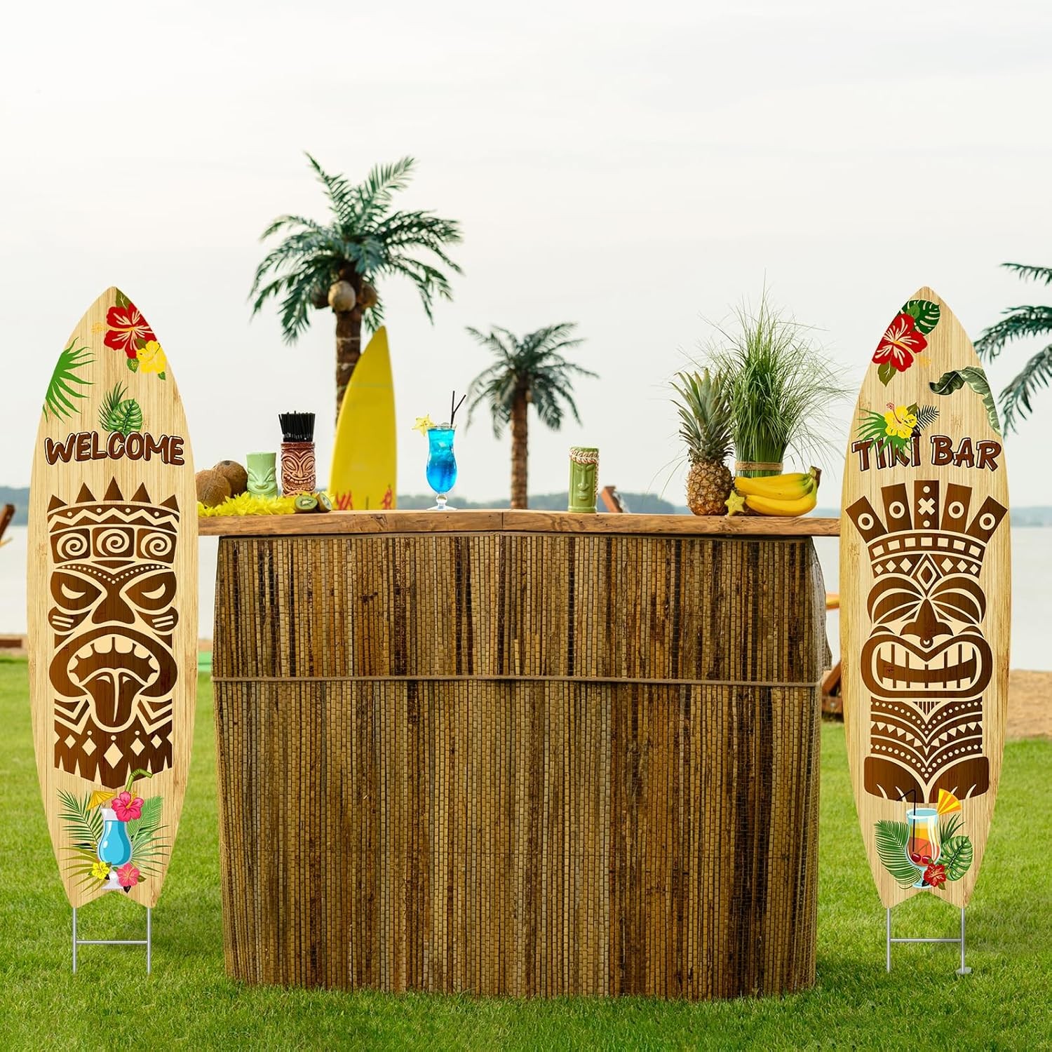 2 PCS Tiki Bar Surfboard Yard Signs Surfboard Beach Signs with Stakes Hawaiia…
