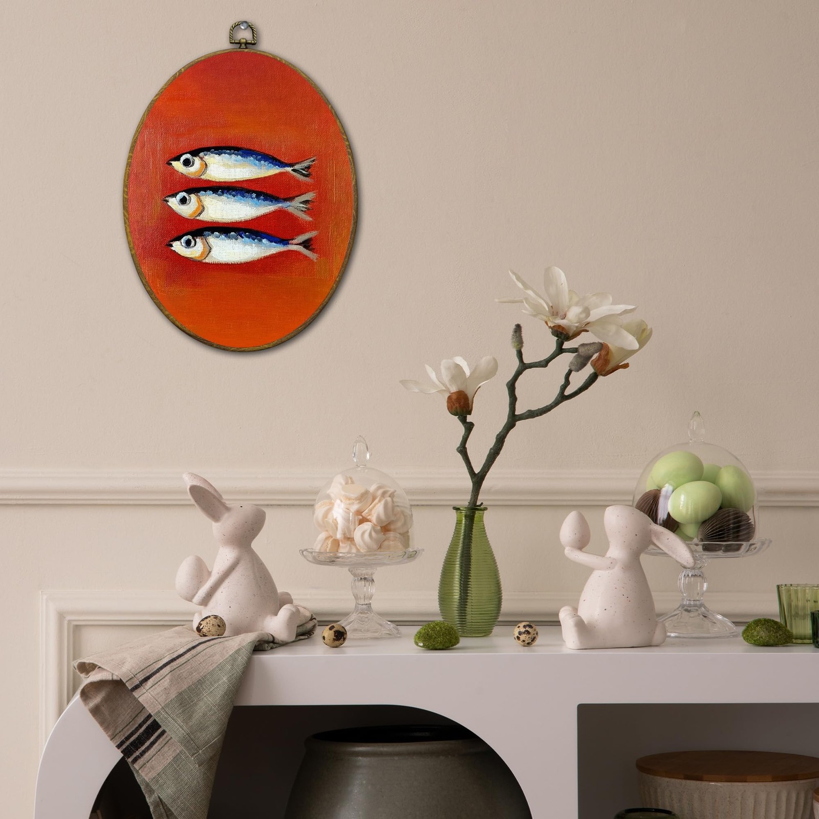 Vintage Coastal Sardine Fish Oval Wall Art Decor Framed, Retro Ocean Beach Ki…