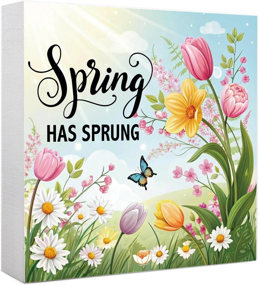 Spring Flowers Wooden Box Sign, Spring Has Sprung Rustic Wood Block Sign for Hom
