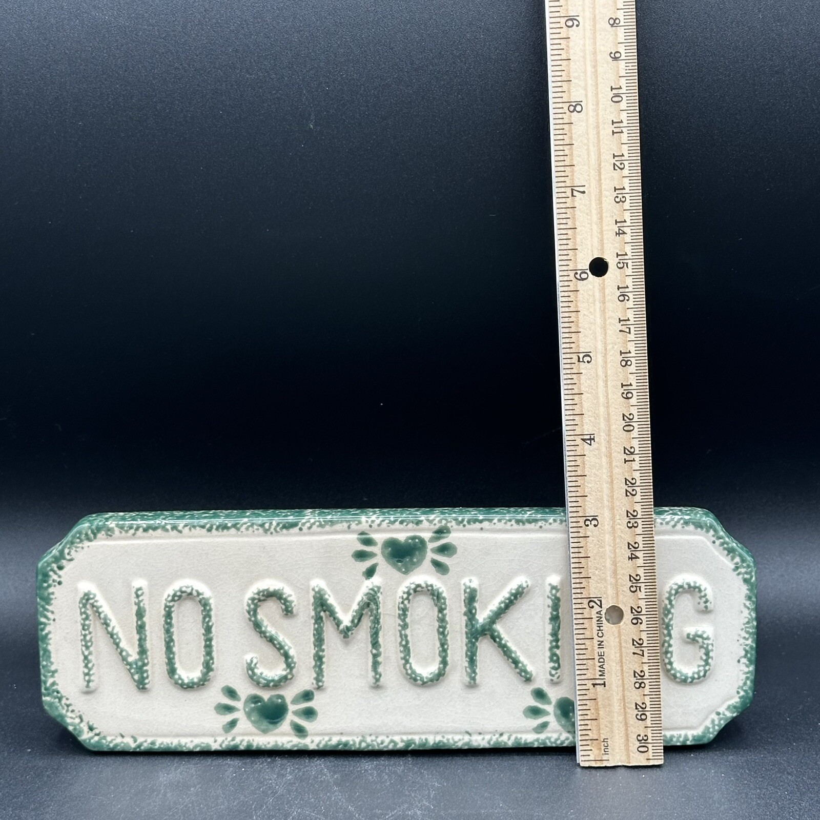 Vintage 1997 Loomco NO SMOKING Sign Glazed Ceramic White Green Spongeware
