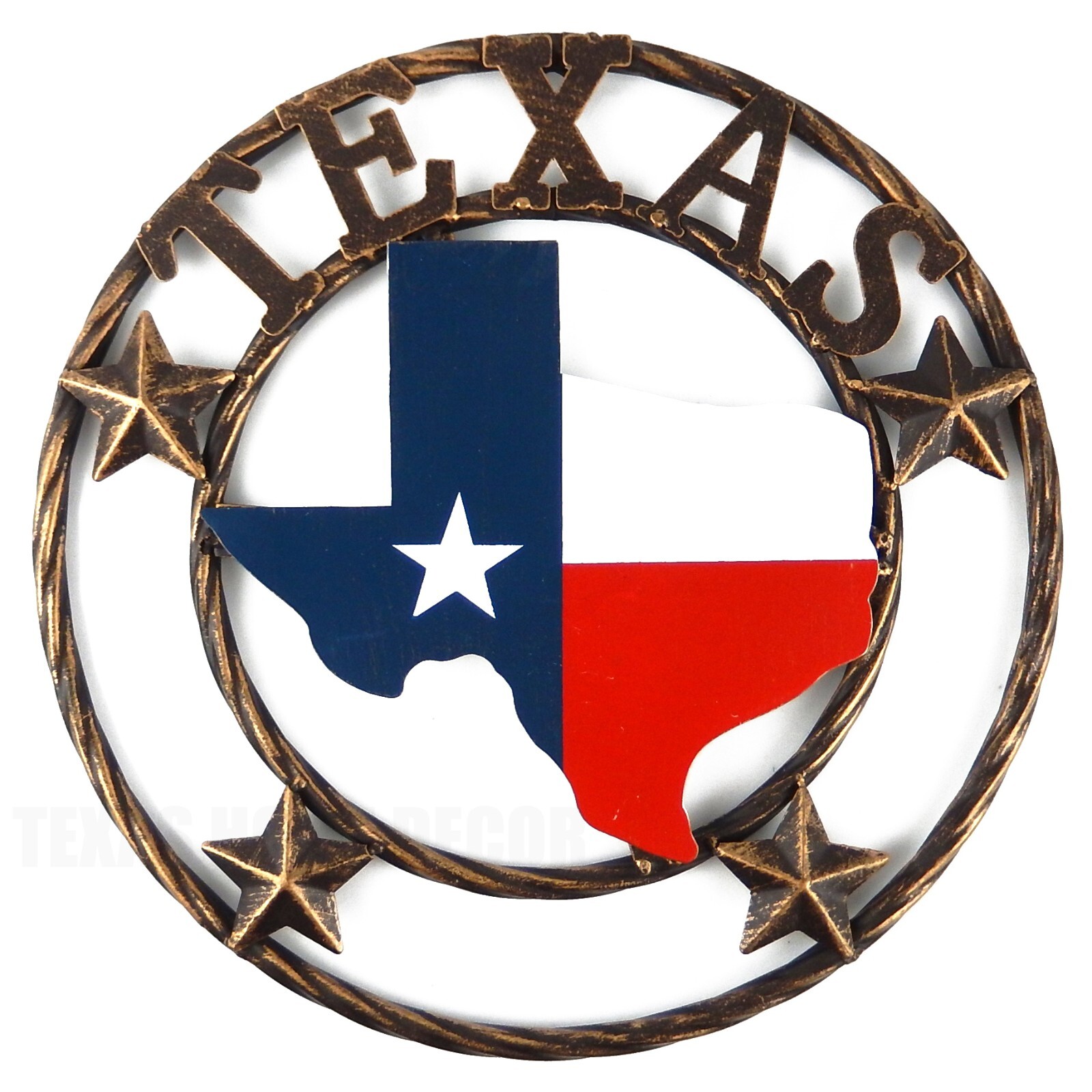 Metal Texas Map Flag With Stars Ring Wall Decor Brushed Copper Finish 12 inch