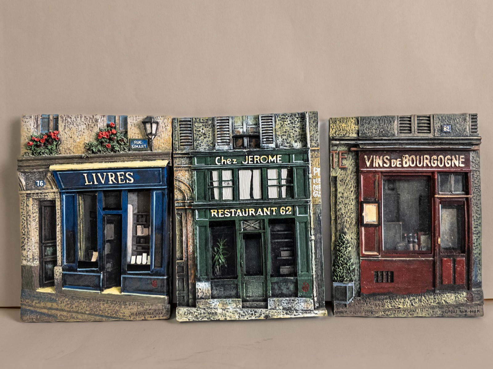 Chui Tak Hak French Paris Store Fronts 3D Art Wall Plaques Set of 3