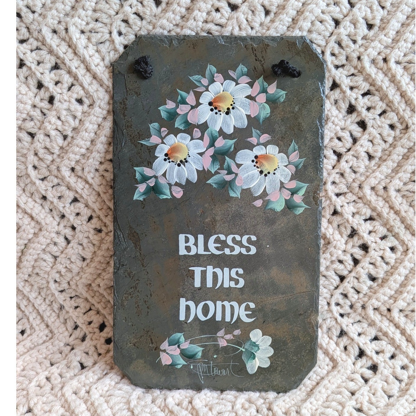 JM Stewart Hand Painted Recycled Roofing Slate Bless This Home Floral Wall Sign