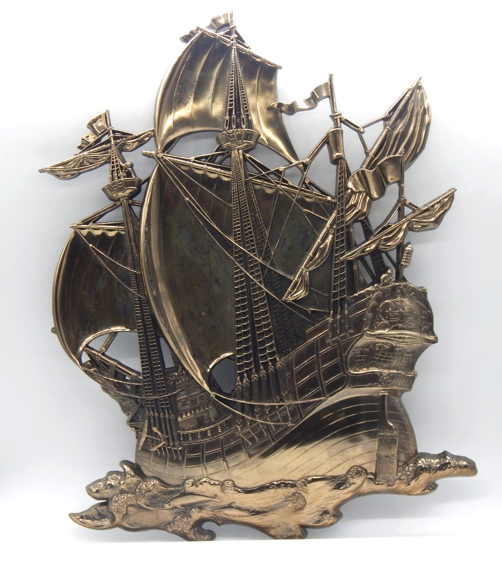 Vintage Homco 1958 #3663 Large Antique Gold Sailing Ship Nautical Wall Hanging