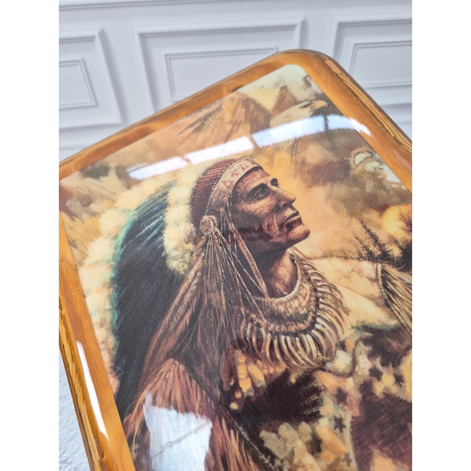 Vintage Ruane Native American Chief Wood Plaque Glossy Decoupage Wall Art 8×10.5