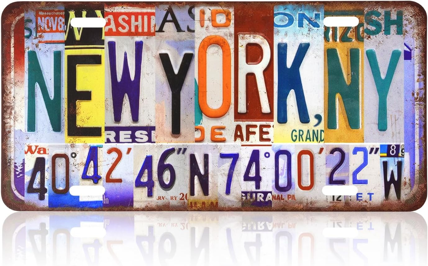 New York Signs, 6 X 12 Inches Vintage Tin Sign, Metal New York Poster with Latit