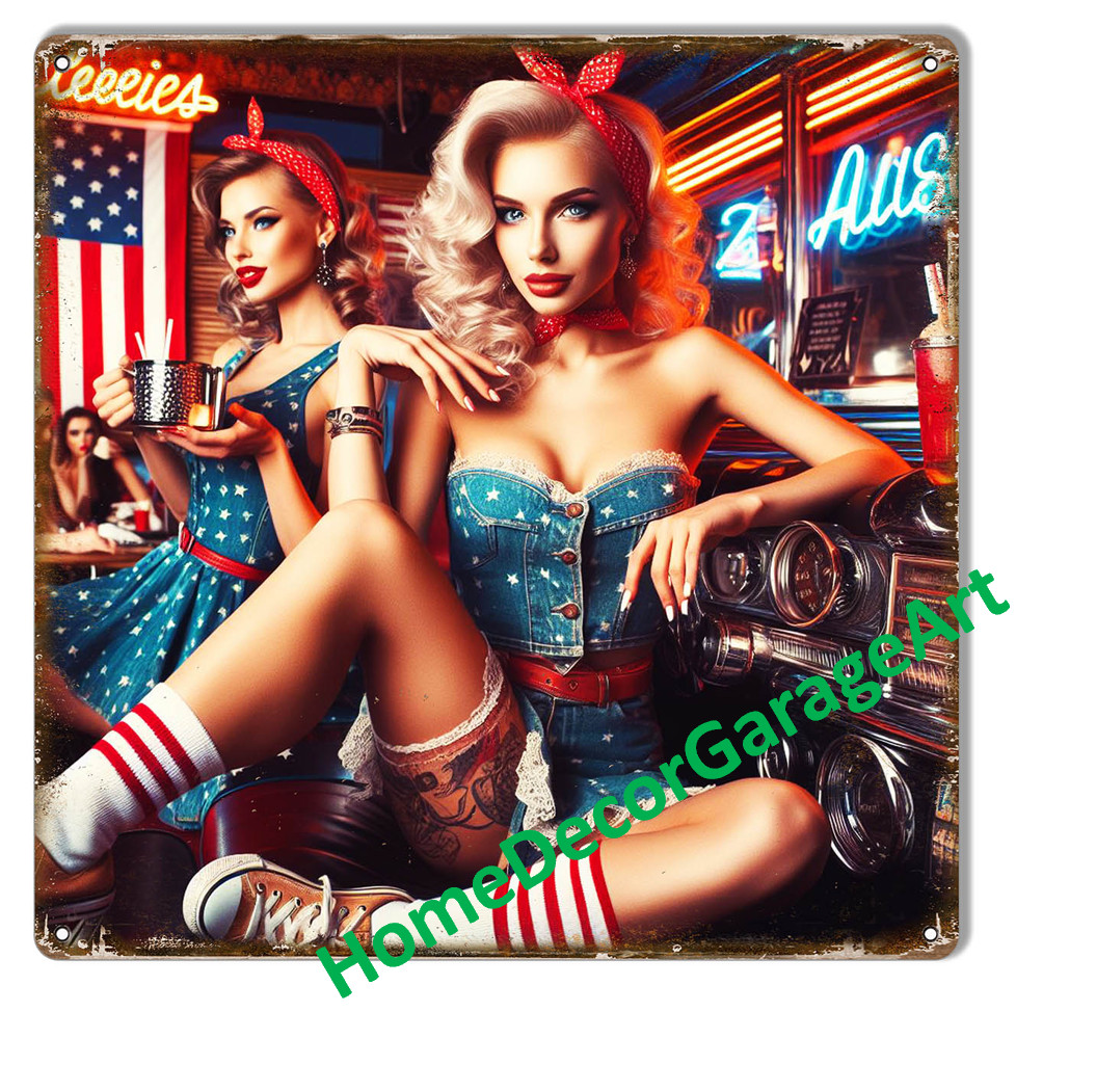 American Girls 12 x 12 Inch Metal Sign, Vintage Style Garage Art