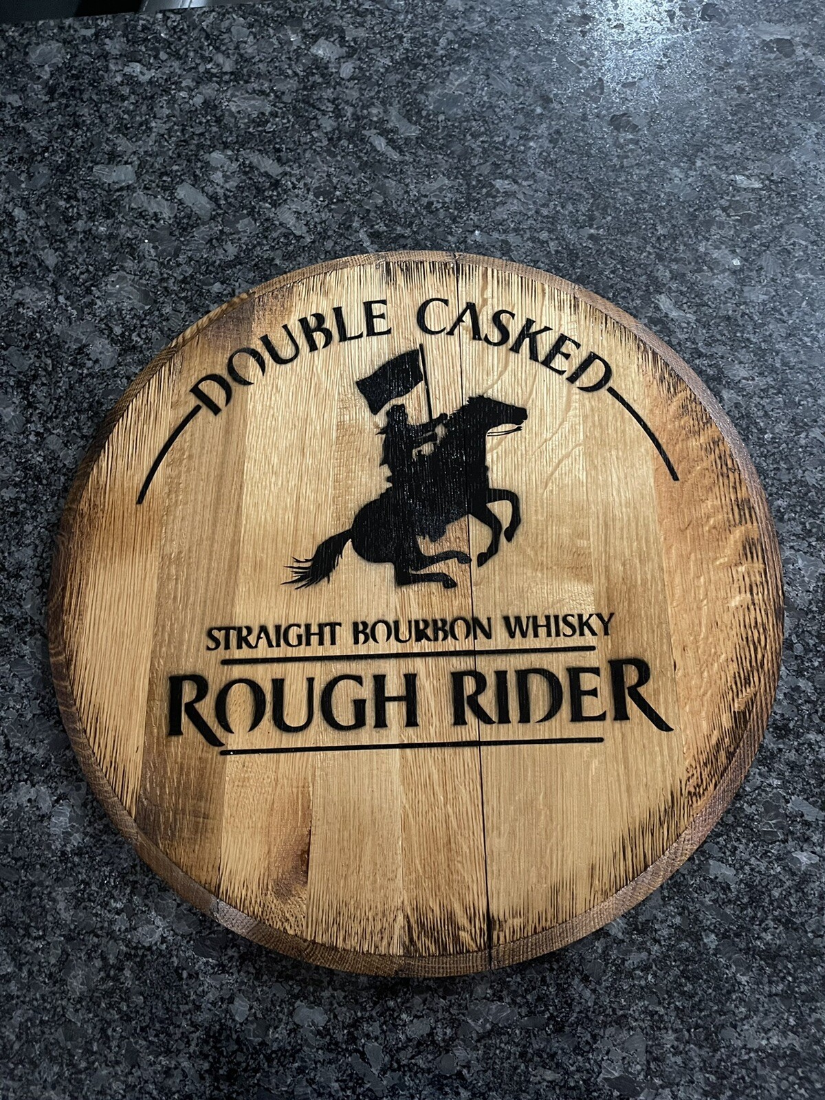 Bar Decor (Rough Rider Bourbon Whiskey ) Reclaimed Bourbon Barrel Head 21”