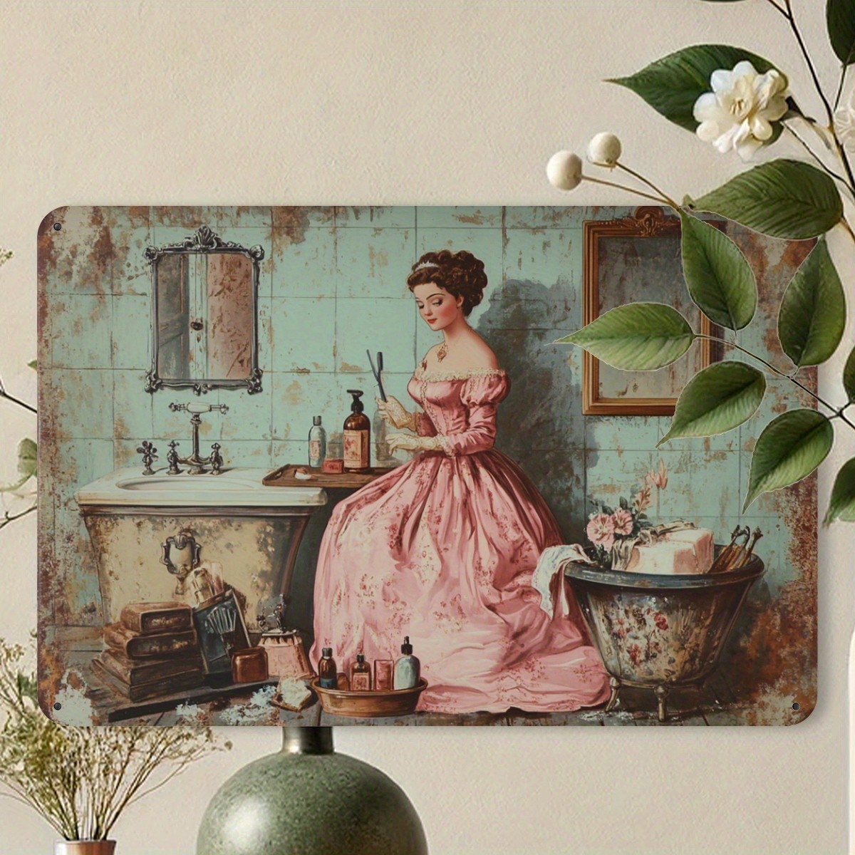 Vintage Victorian Lady Bathroom Scene Tin Signs Retro Home Bath Wall Art Decor