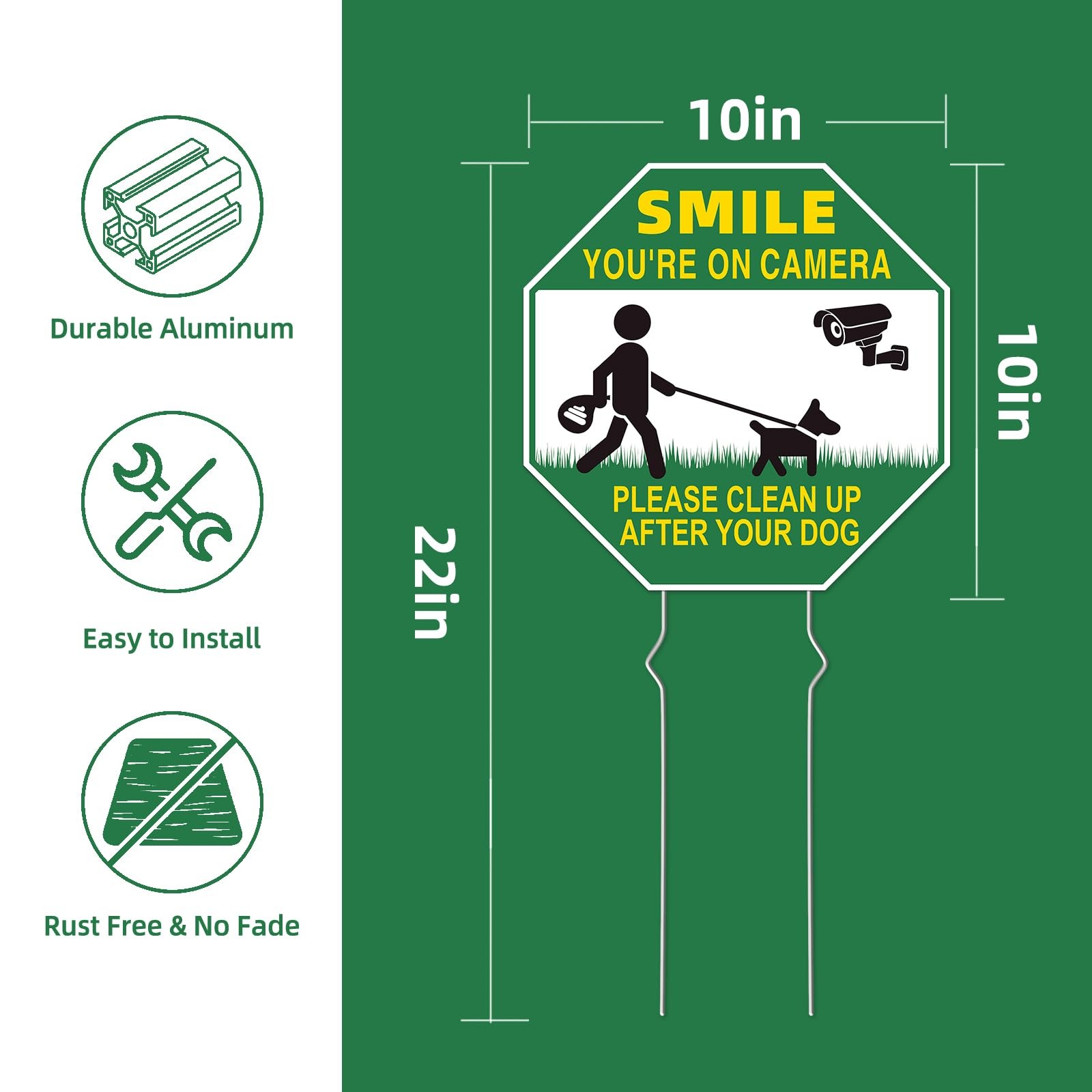 Clean UP After Your Dog Signs, 2-Pack 10″x10″ Double-Sided Metal Stakes Smile…